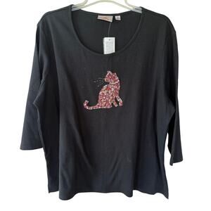 Quacker Factory Size 2X Black Sequin cat pullover top